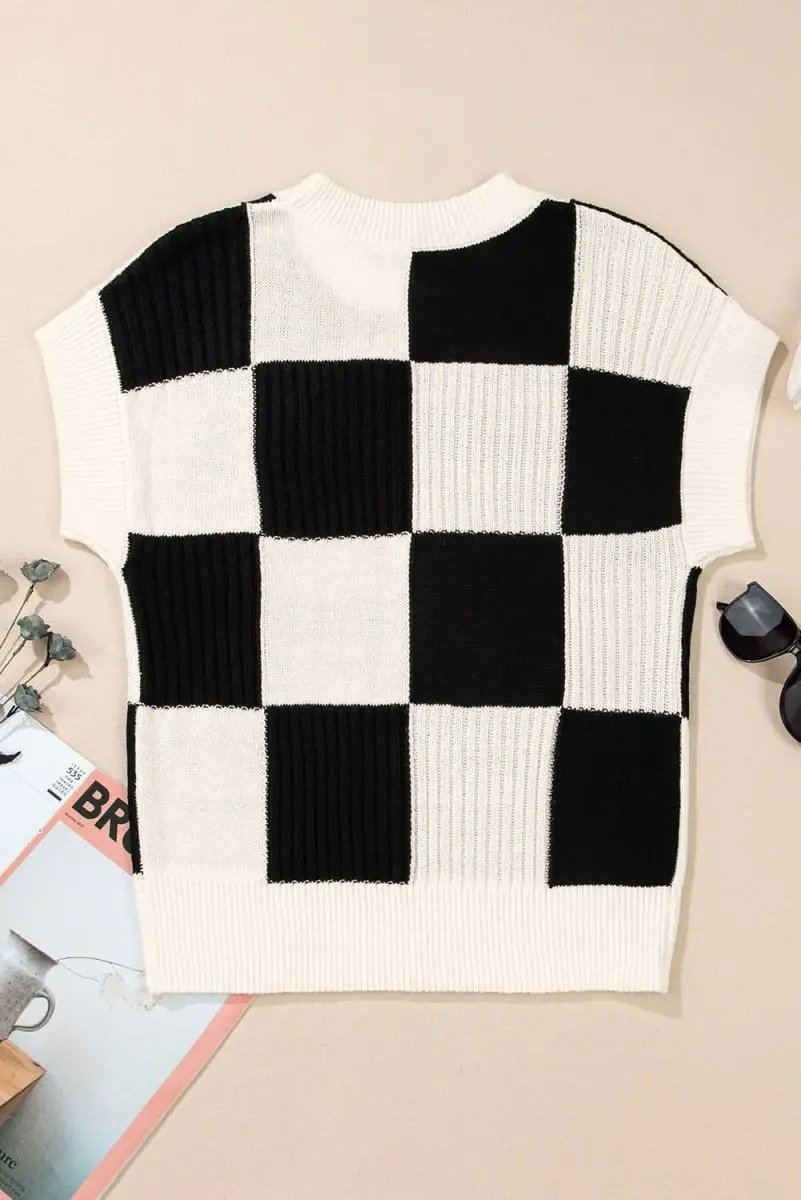 Black Checkered Color Block Crew Neck Short Sleeve Sweater - Love Salve